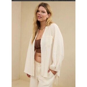 New ! Aerie Women's Yellow Cream Gauzy Oversized Button's Shirt Blouse Sz Medium